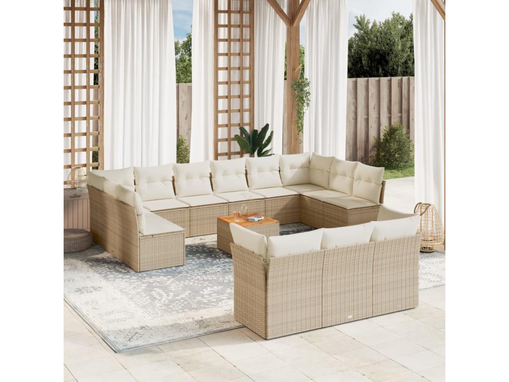 14-piece garden furniture set with cushions, beige woven resin
