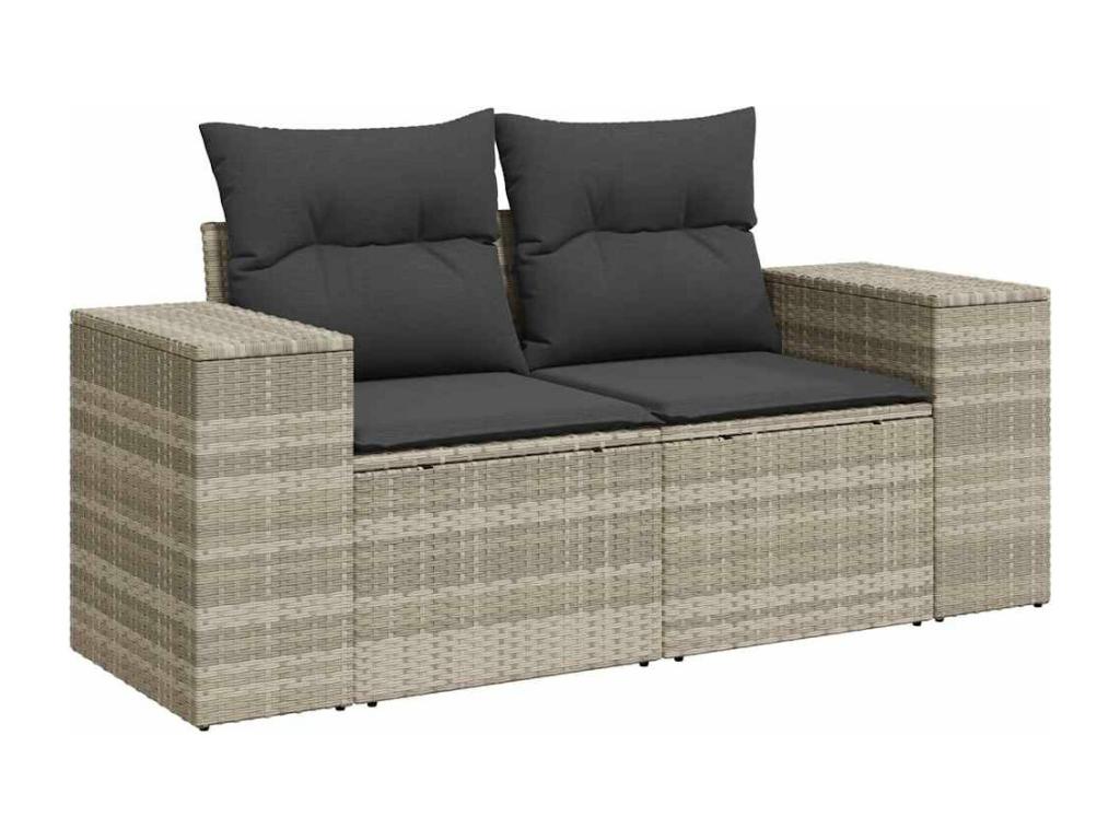 9-piece garden furniture set with light grey cushions, woven resin