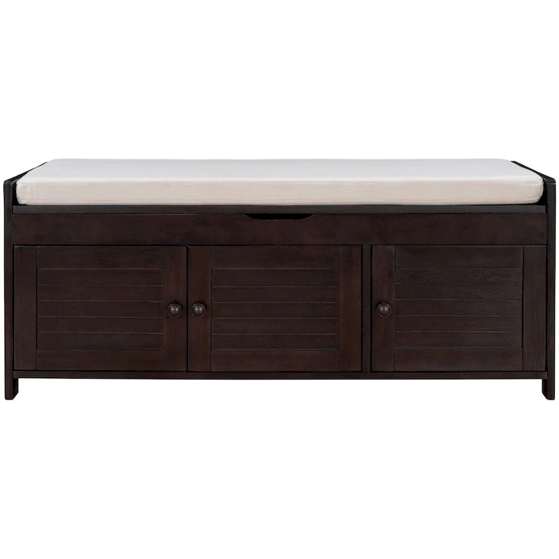 Upholstered Storage Ottoman Bench with 3 Shutter-Shaped Doors Cabinet