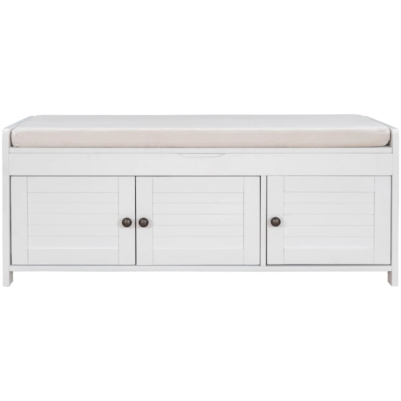 Upholstered Storage Ottoman Bench with 3 Shutter-Shaped Doors Cabinet