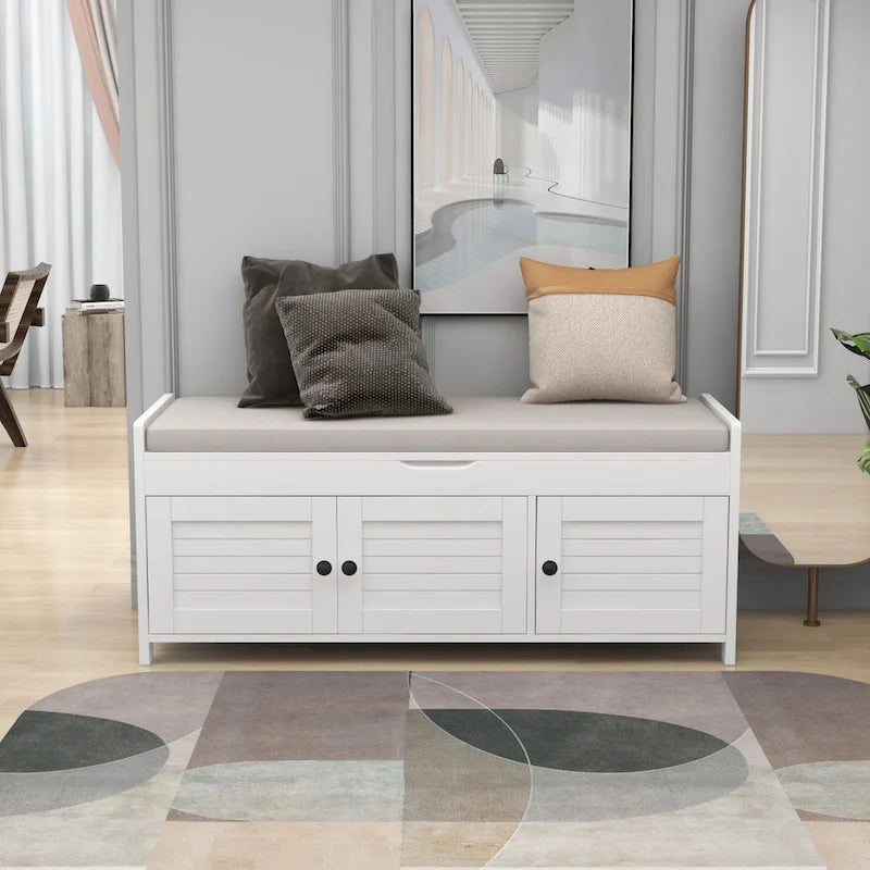 Upholstered Storage Ottoman Bench with 3 Shutter-Shaped Doors Cabinet