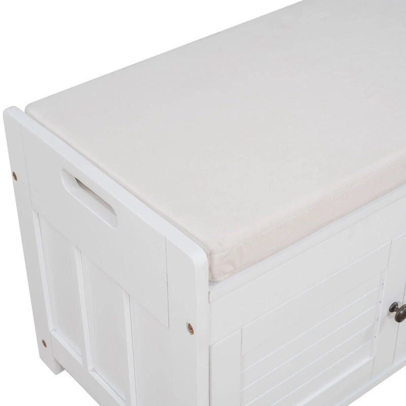 Upholstered Storage Ottoman Bench with 3 Shutter-Shaped Doors Cabinet