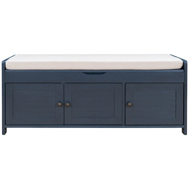 Upholstered Storage Ottoman Bench with 3 Shutter-Shaped Doors Cabinet