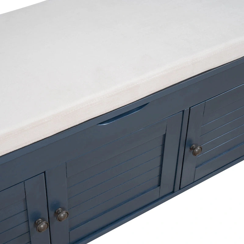 Upholstered Storage Ottoman Bench with 3 Shutter-Shaped Doors Cabinet