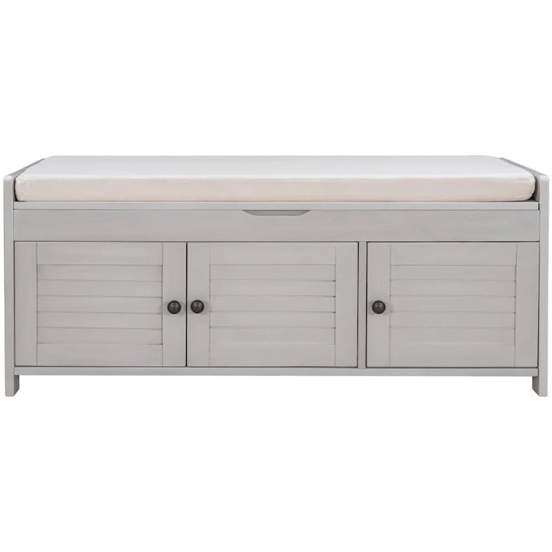Upholstered Storage Ottoman Bench with 3 Shutter-Shaped Doors Cabinet