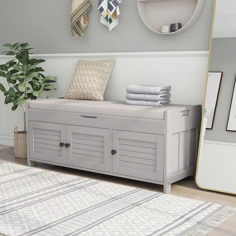 Upholstered Storage Ottoman Bench with 3 Shutter-Shaped Doors Cabinet