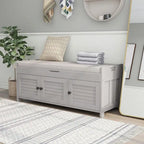 Upholstered Storage Ottoman Bench with 3 Shutter-Shaped Doors Cabinet