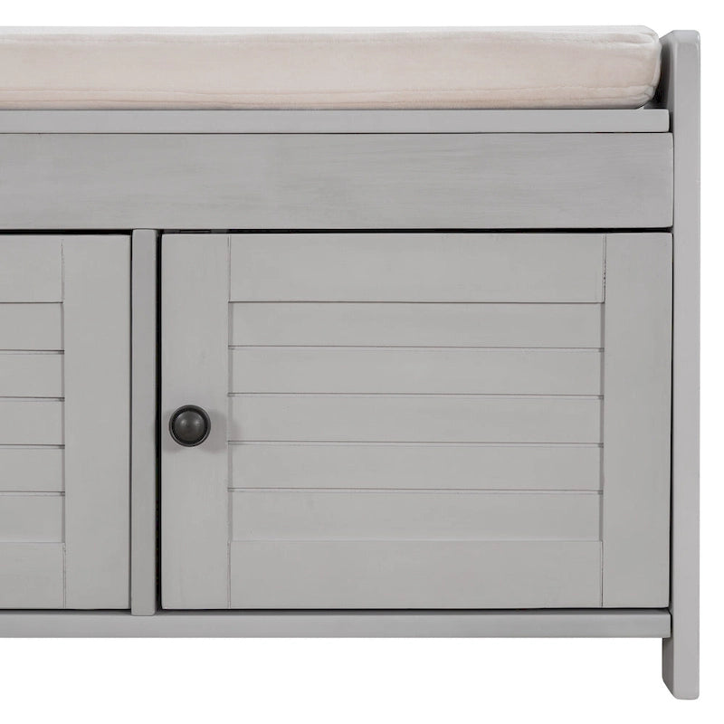 Upholstered Storage Ottoman Bench with 3 Shutter-Shaped Doors Cabinet