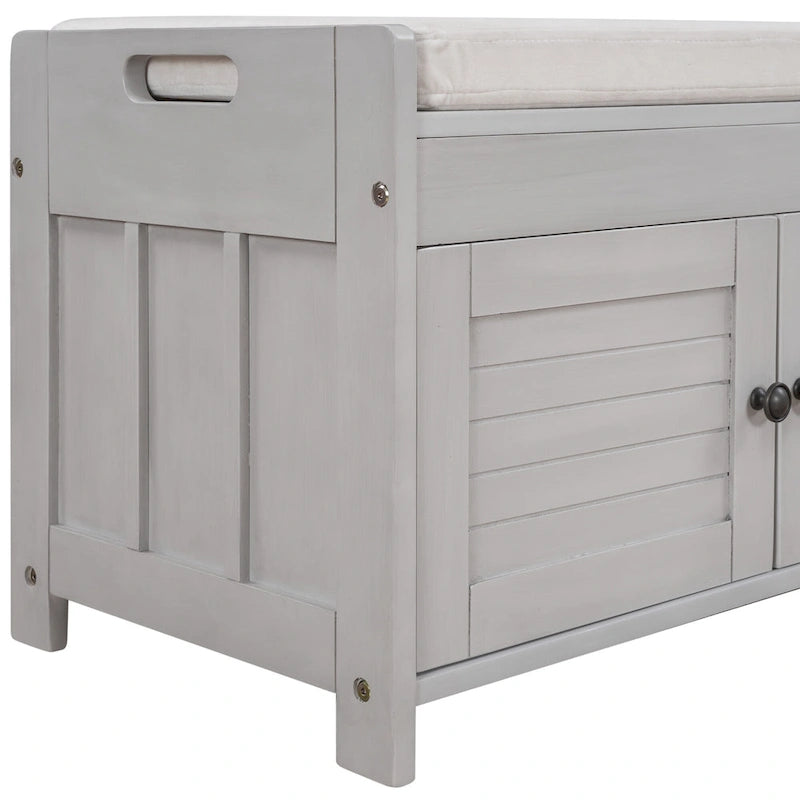 Upholstered Storage Ottoman Bench with 3 Shutter-Shaped Doors Cabinet