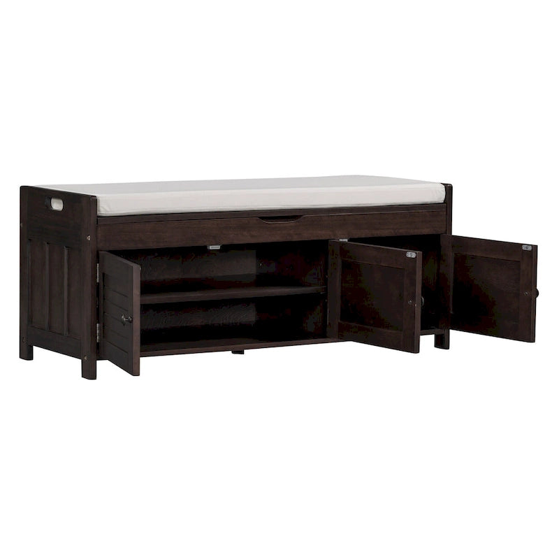 Upholstered Storage Ottoman Bench with 3 Shutter-Shaped Doors Cabinet