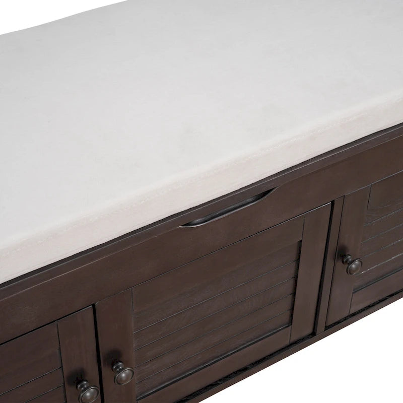 Upholstered Storage Ottoman Bench with 3 Shutter-Shaped Doors Cabinet