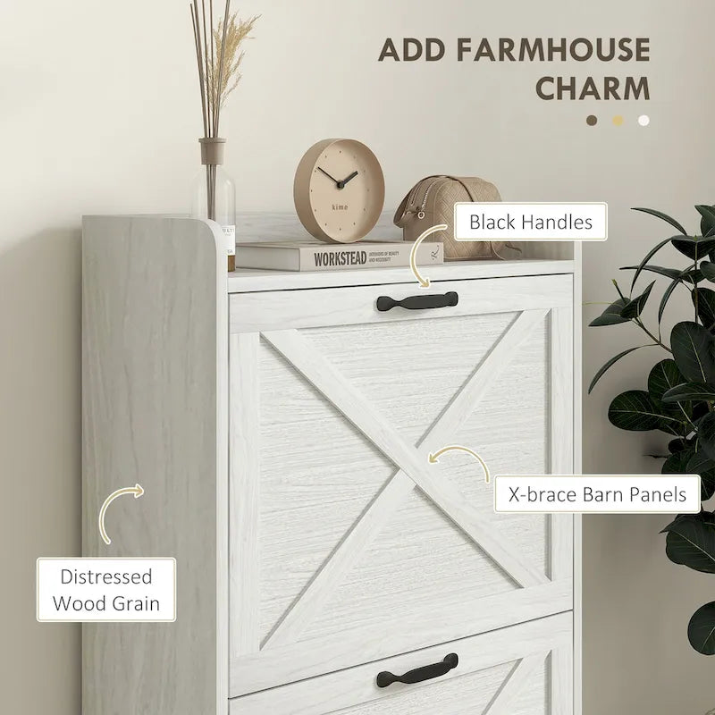 Slim Shoe Cabinet, Farmhouse Hidden Shoe Storage Cabinet with 2 Flip Drawers and Adjustable Shelves for 8 Pairs of Shoes
