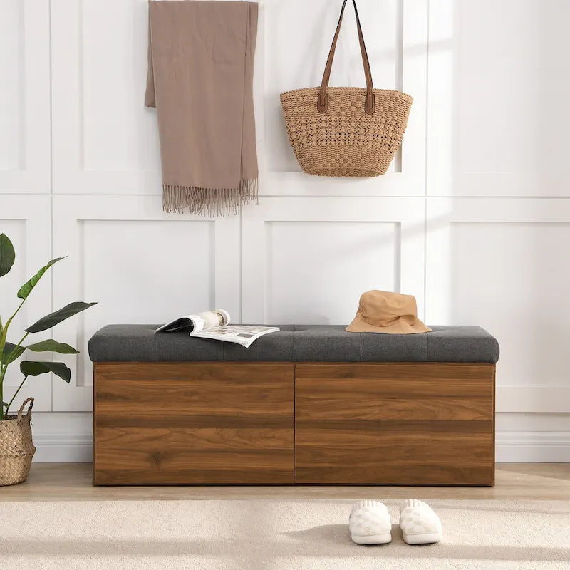 Shoe Storage Bench Entryway Shoe Cabinet Storage Ottoman with Padded Seat Cushion and Double Doors for Entryway