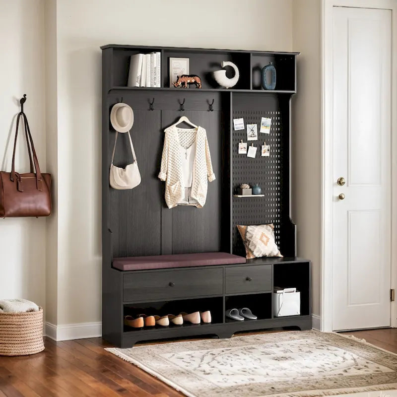 GDFStudio - Finn Multifunctional Hall Tree with Shoe Bench, Pegboard, and Ample Storage