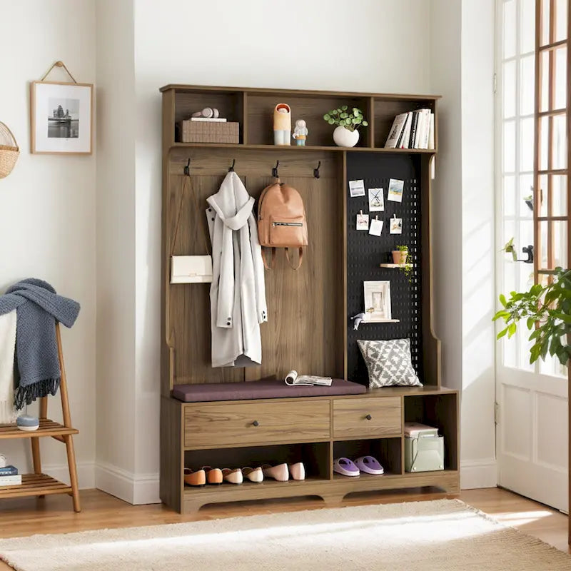 GDFStudio - Finn Multifunctional Hall Tree with Shoe Bench, Pegboard, and Ample Storage