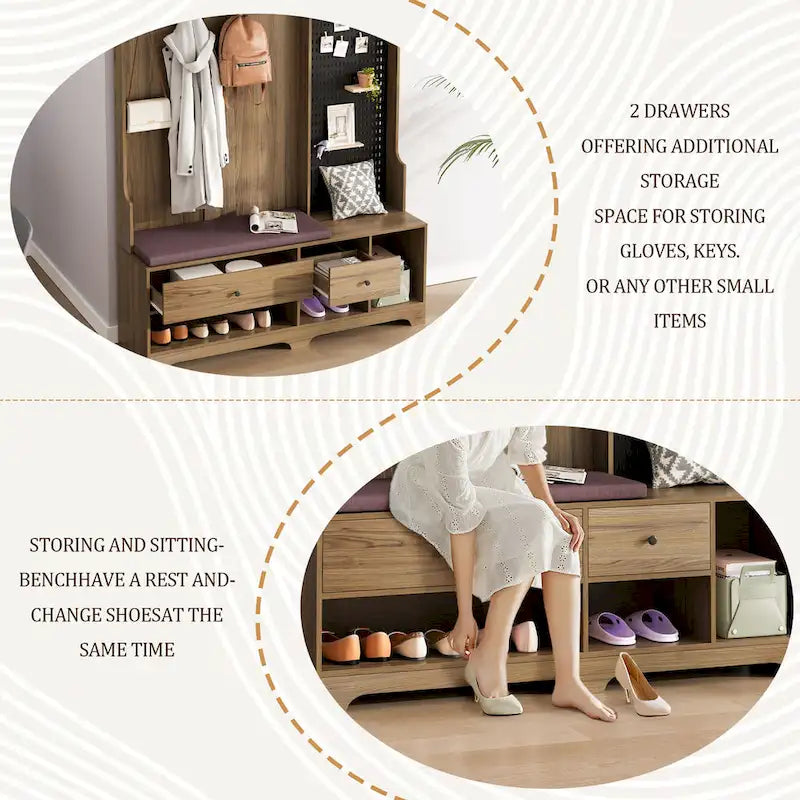 GDFStudio - Finn Multifunctional Hall Tree with Shoe Bench, Pegboard, and Ample Storage
