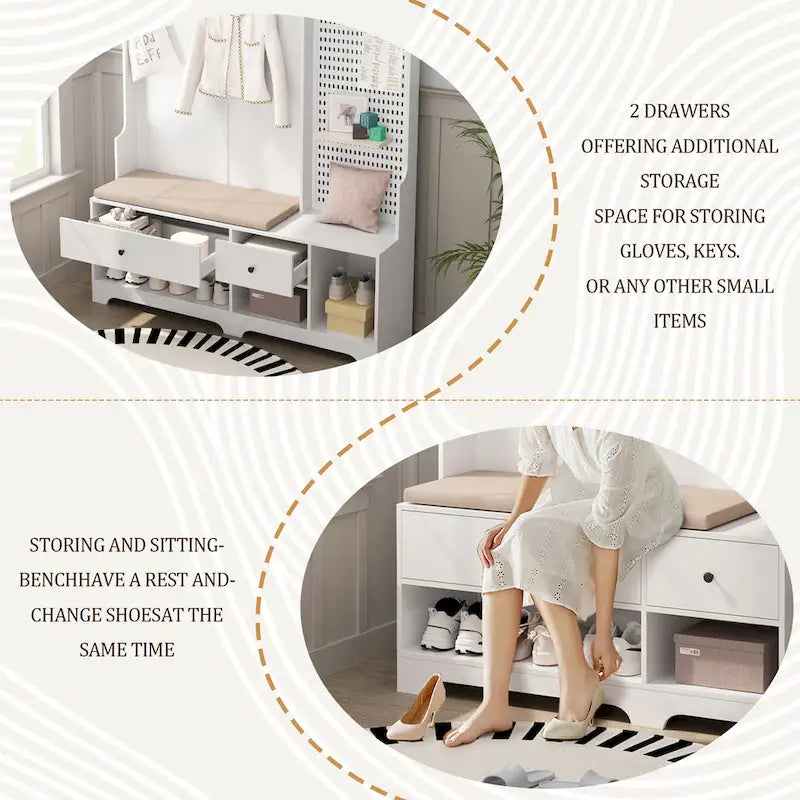 GDFStudio - Finn Multifunctional Hall Tree with Shoe Bench, Pegboard, and Ample Storage