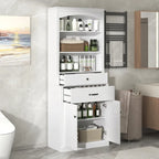 White Bathroom Storage Cabinet with Two Doors, Drawers, Adjustable Shelf & Three Open Shelves - Durable MDF Construction
