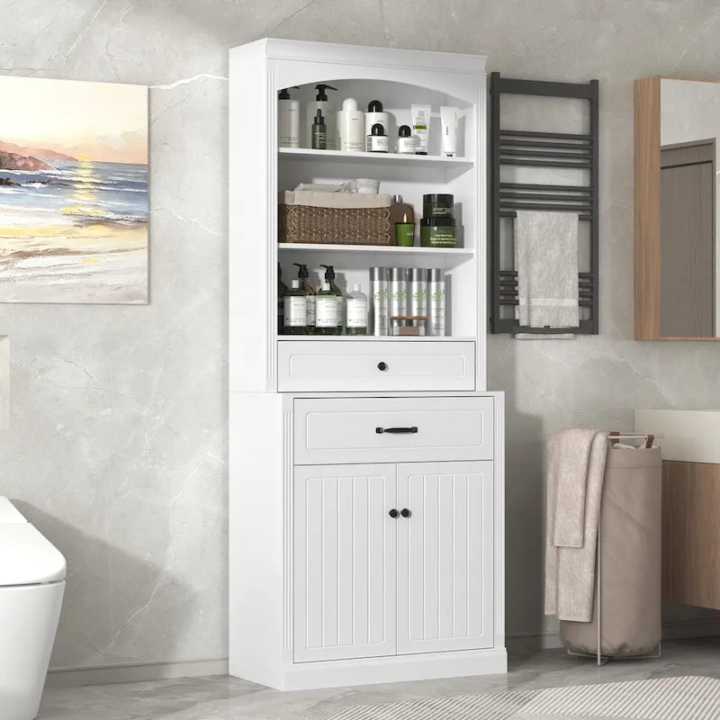 White Bathroom Storage Cabinet with Two Doors, Drawers, Adjustable Shelf & Three Open Shelves - Durable MDF Construction