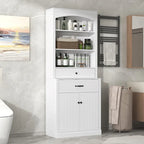 White Bathroom Storage Cabinet with Two Doors, Drawers, Adjustable Shelf & Three Open Shelves - Durable MDF Construction