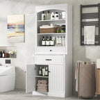 White Bathroom Storage Cabinet with Two Doors, Drawers, Adjustable Shelf & Three Open Shelves - Durable MDF Construction