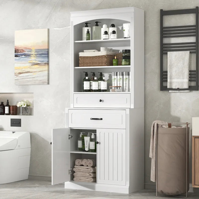 White Bathroom Storage Cabinet with Two Doors, Drawers, Adjustable Shelf & Three Open Shelves - Durable MDF Construction