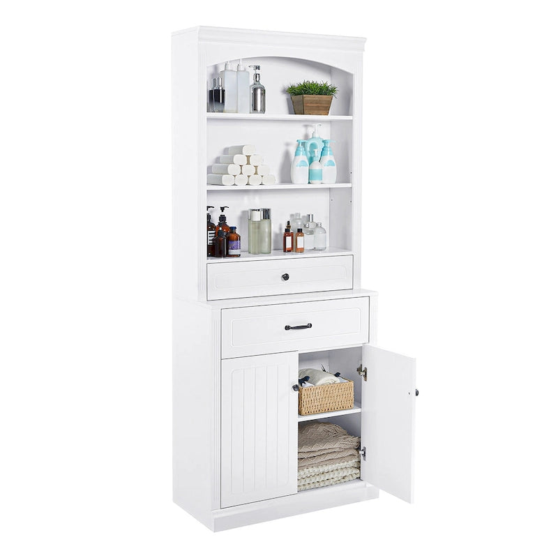 White Bathroom Storage Cabinet with Two Doors, Drawers, Adjustable Shelf & Three Open Shelves - Durable MDF Construction
