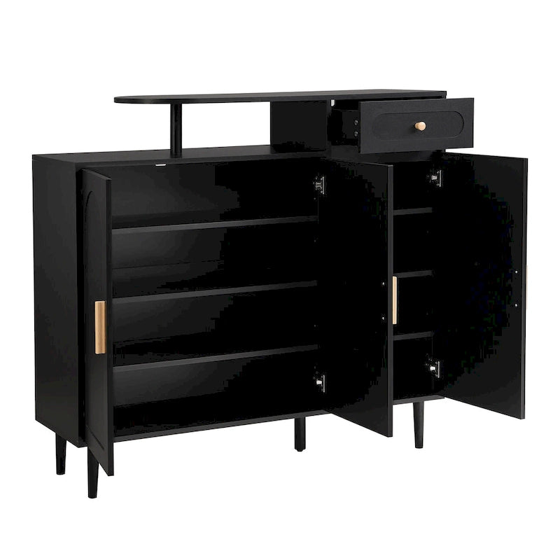 Elegant Shoe Cabinet with Arched Doors and Drawer, Cream Style Storage Sideboard with Adjustable Shelves and Solid Wood Legs