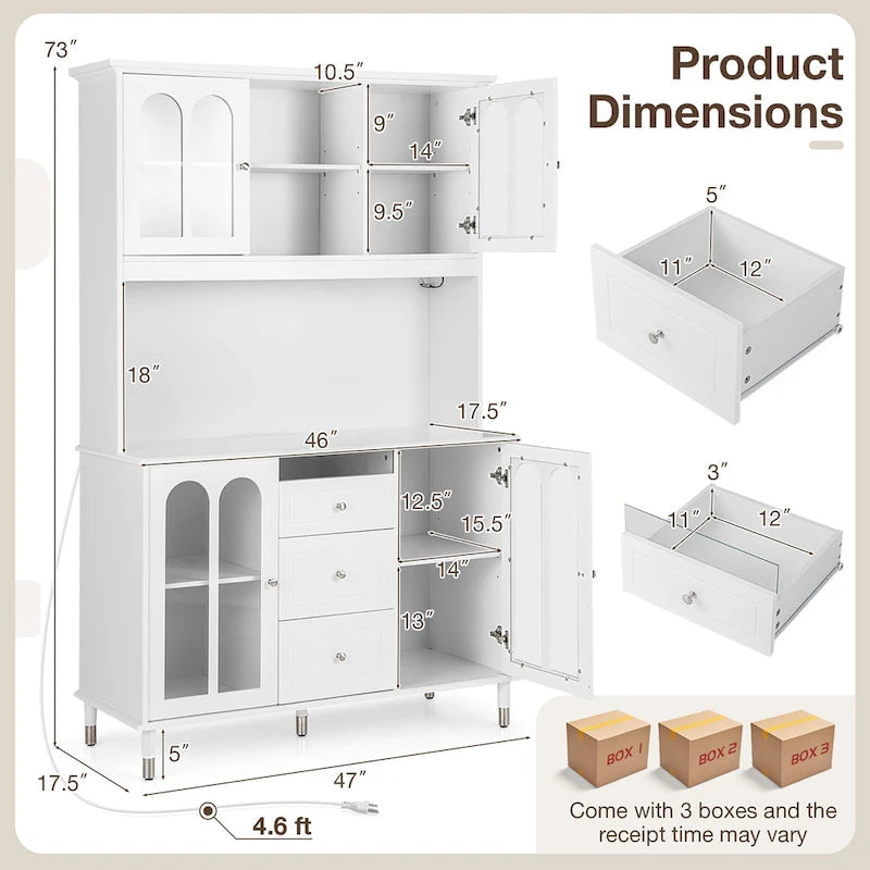 Gymax 73 Tall Kitchen Pantry Storage Cabinet w/ LED Lights and Power