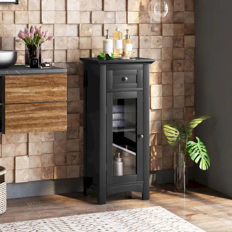 Costway Bathroom Floor Cabinet with Single Glass Door Drawer & - See Details