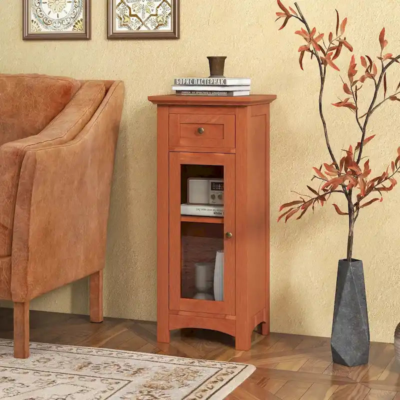 Costway Bathroom Floor Cabinet with Single Glass Door Drawer & - See Details