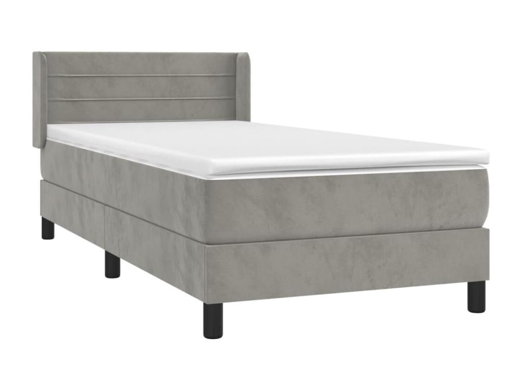 Bed with upholstered base and mattress, light grey, 90x190 cm, velvet