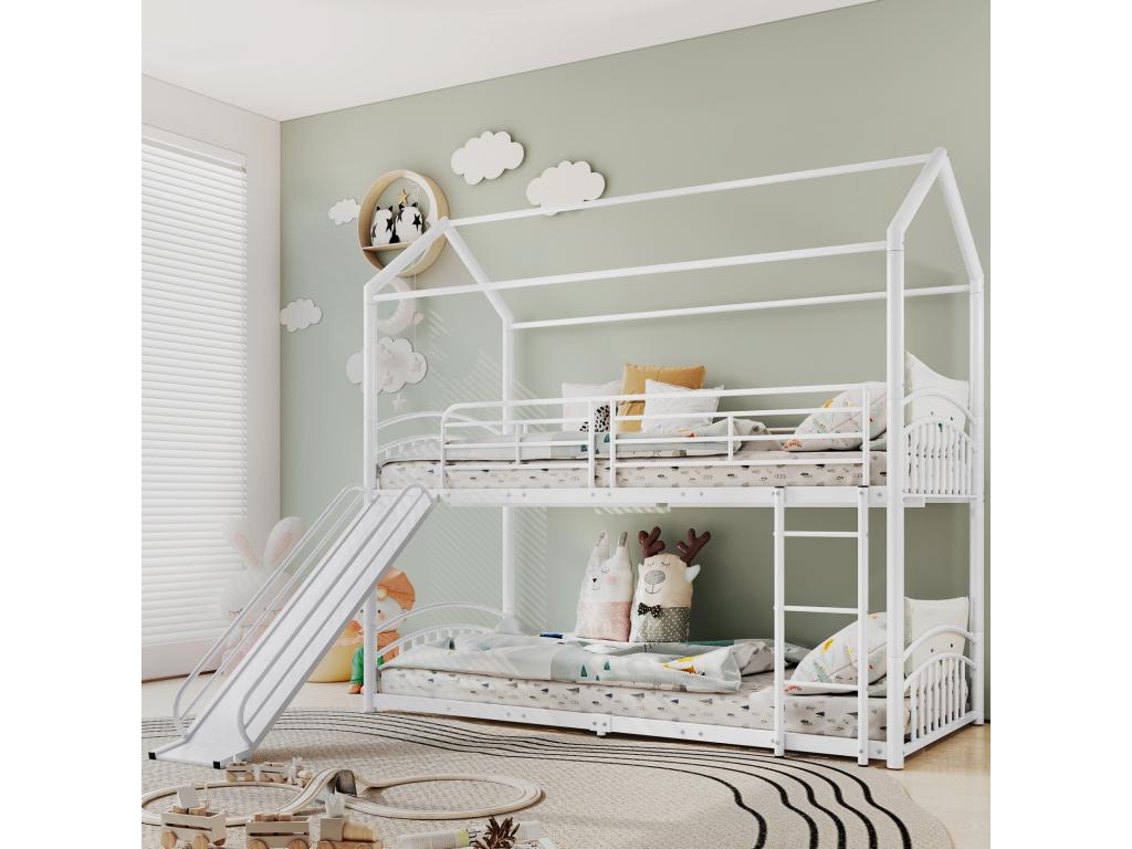 Bunk bed 90x200cm - children's cabin bed with stairs and ladder at a right angle, slide - white metal frame