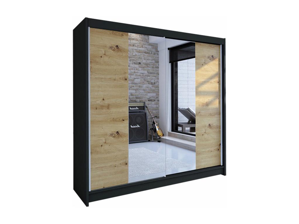 Meublita 138 Black - Oak Wardrobe, 215x180x58cm, Sliding Wardrobe Doors