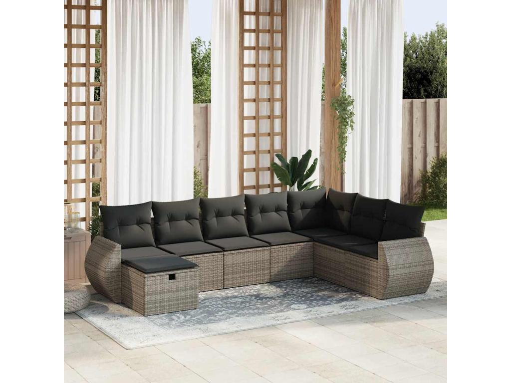 8-piece garden furniture set with grey resin wicker cushions