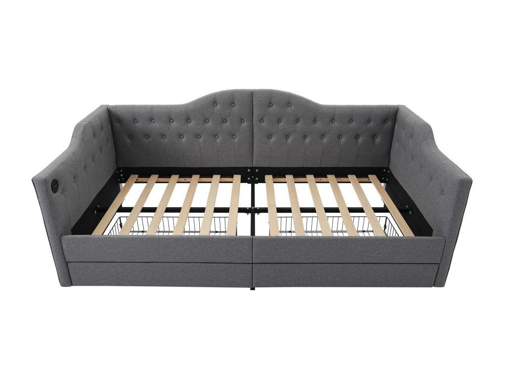 Upholstered bed/sofa bed/storage bed frame with USB Type-C charging port and 2 drawers, 90x190 cm, grey linen, mattress not included