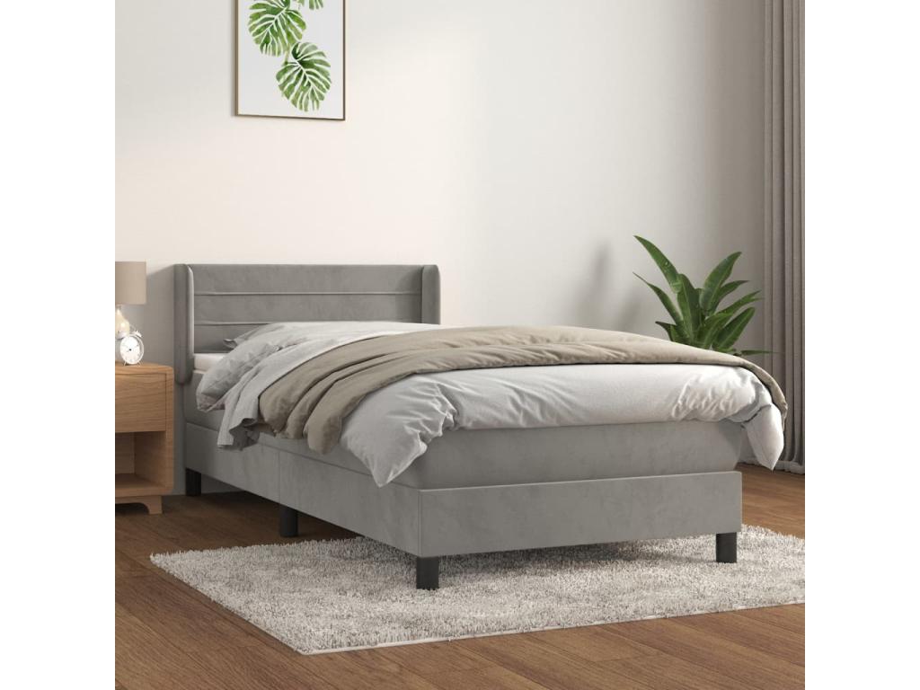 Bed with upholstered base and mattress, light grey, 90x190 cm, velvet