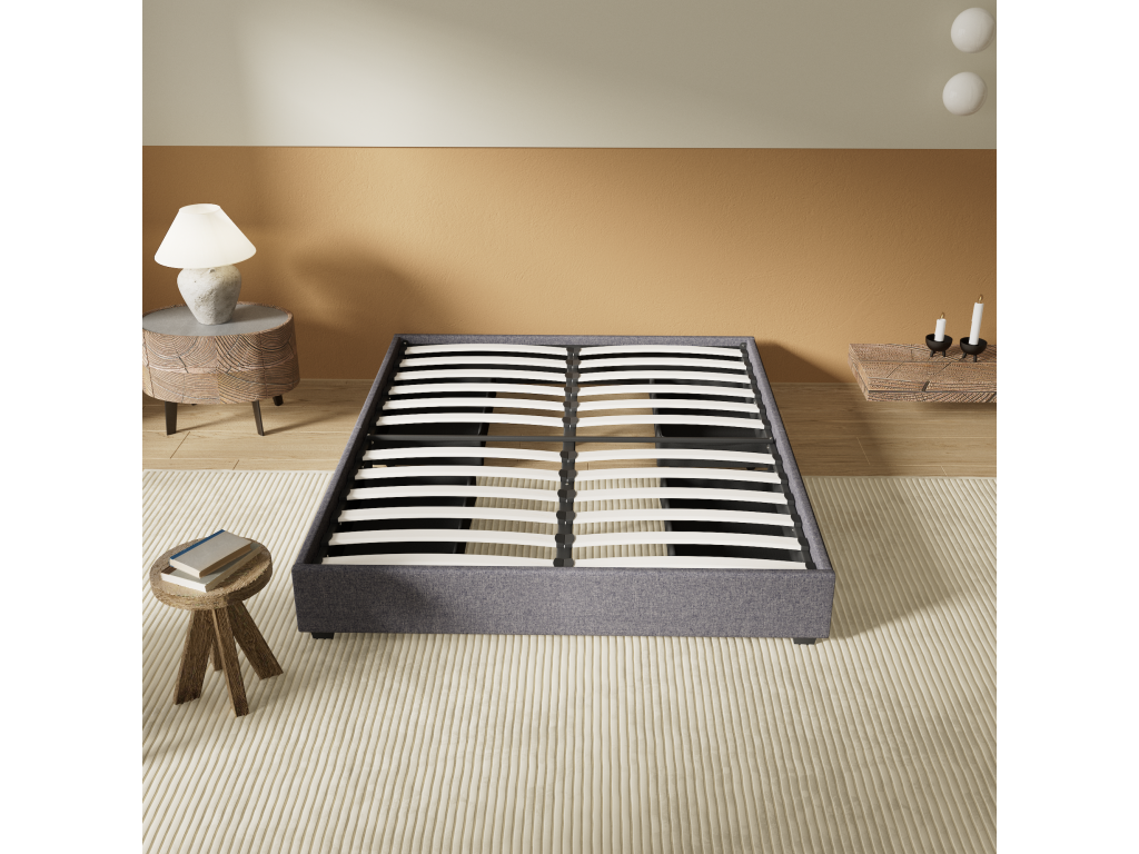 120x190 cm bed with drawers, slatted base, Vertchez, wooden frame, grey fabric