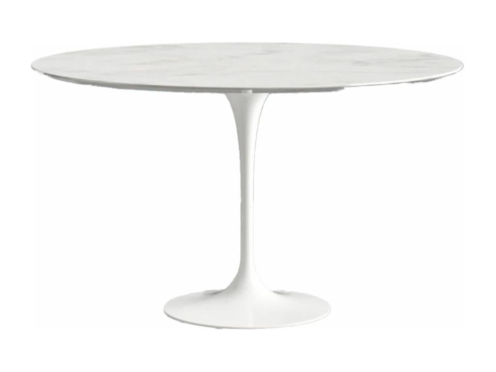 Round tulip table in marble - White marble top - Diameter 80 cm - Glossy white base