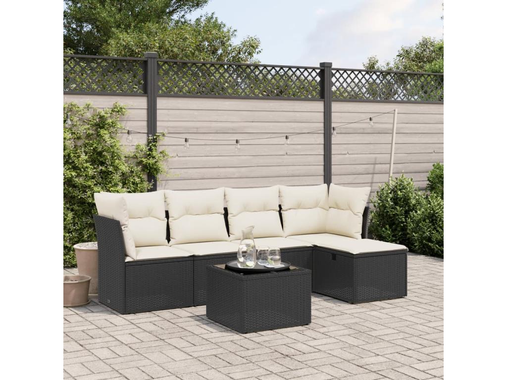 6-piece garden furniture set with black resin wicker cushions
