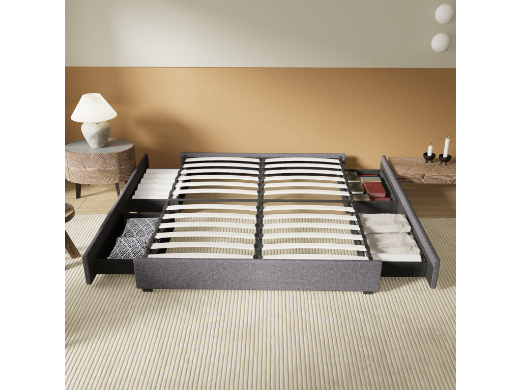 120x190 cm bed with drawers, slatted base, Vertchez, wooden frame, grey fabric