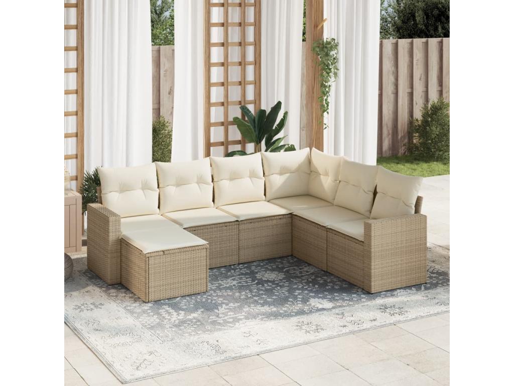 7-piece garden furniture set with cushions, beige woven resin