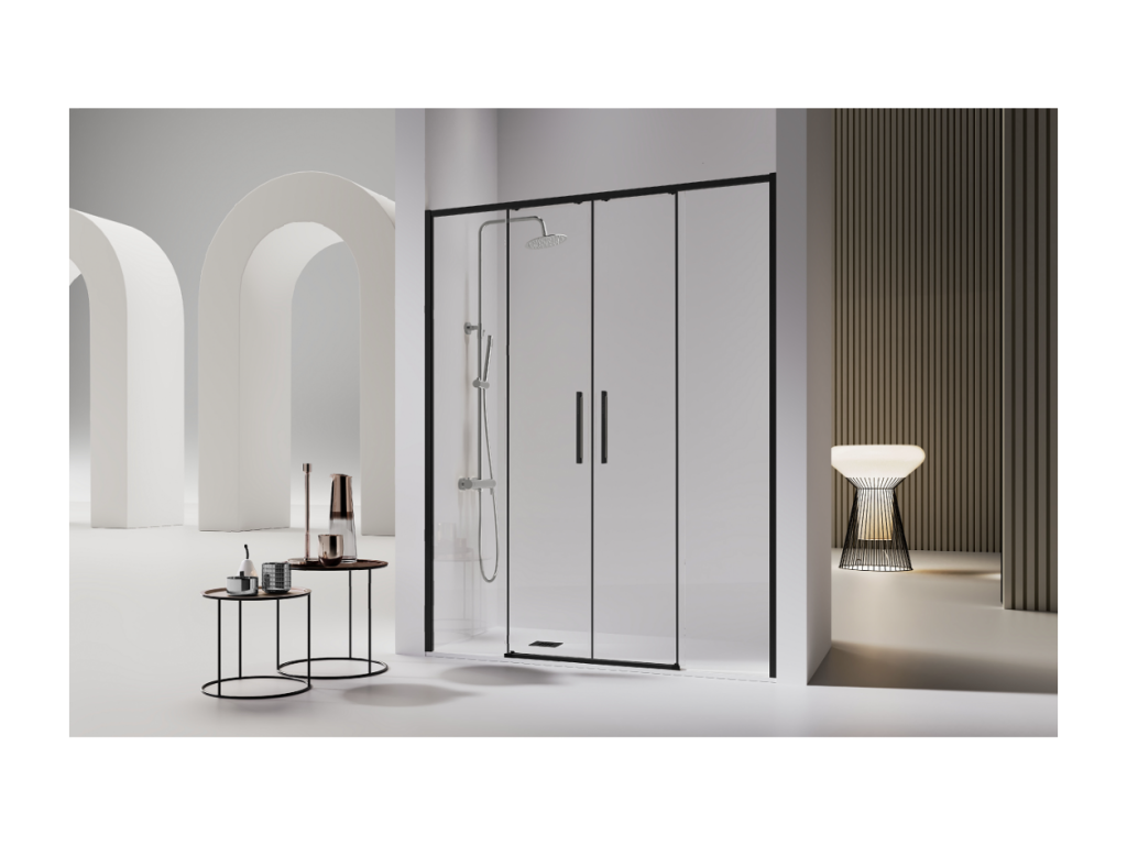 Vertchez shower enclosure with 2 fixed glass panels and 2 sliding doors, matte black, 142-144.6 cm