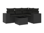 5-piece garden furniture set with cushions, black woven resin