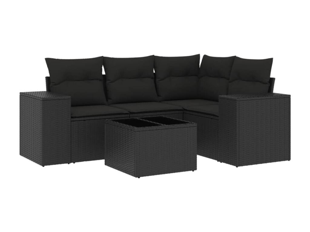 5-piece garden furniture set with cushions, black woven resin