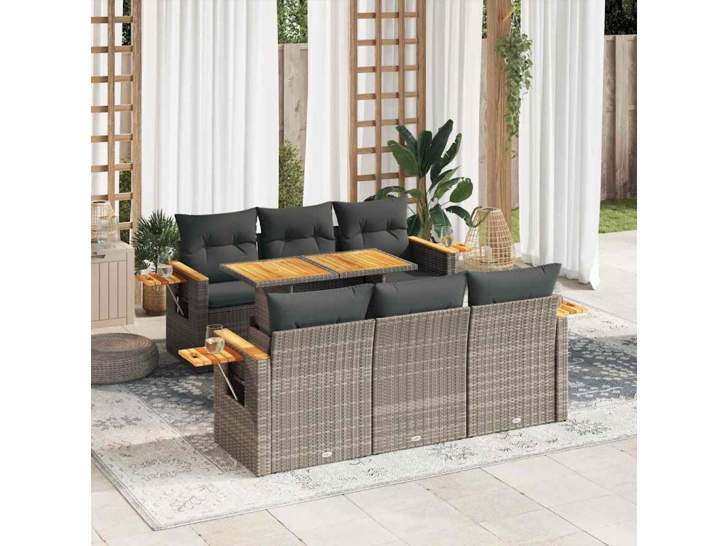 7-piece garden furniture set with cushions, grey woven resin, Vertchez