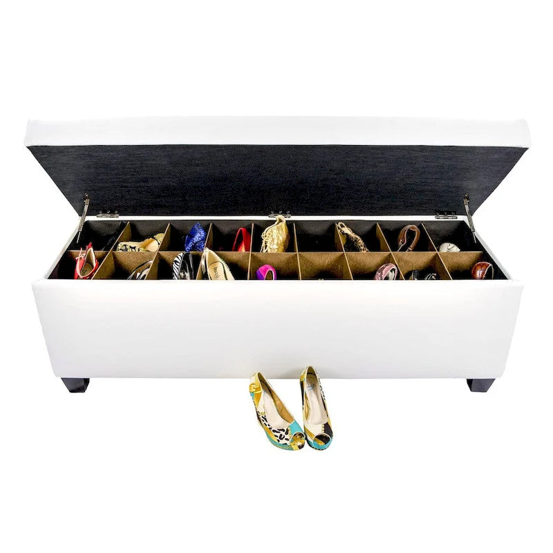 Mid Century Modern White Vinyl Shoe Storage Bench