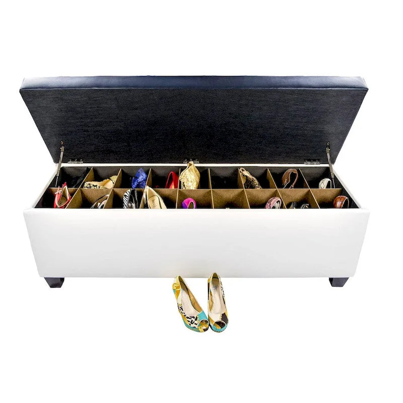 Mid Century Modern White Vinyl Shoe Storage Bench