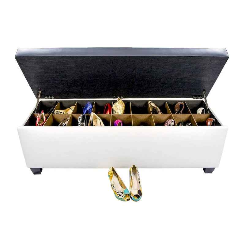 Mid Century Modern White Vinyl Shoe Storage Bench