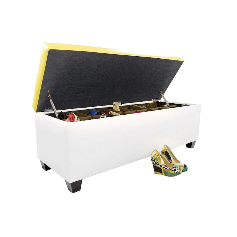 Mid Century Modern White Vinyl Shoe Storage Bench